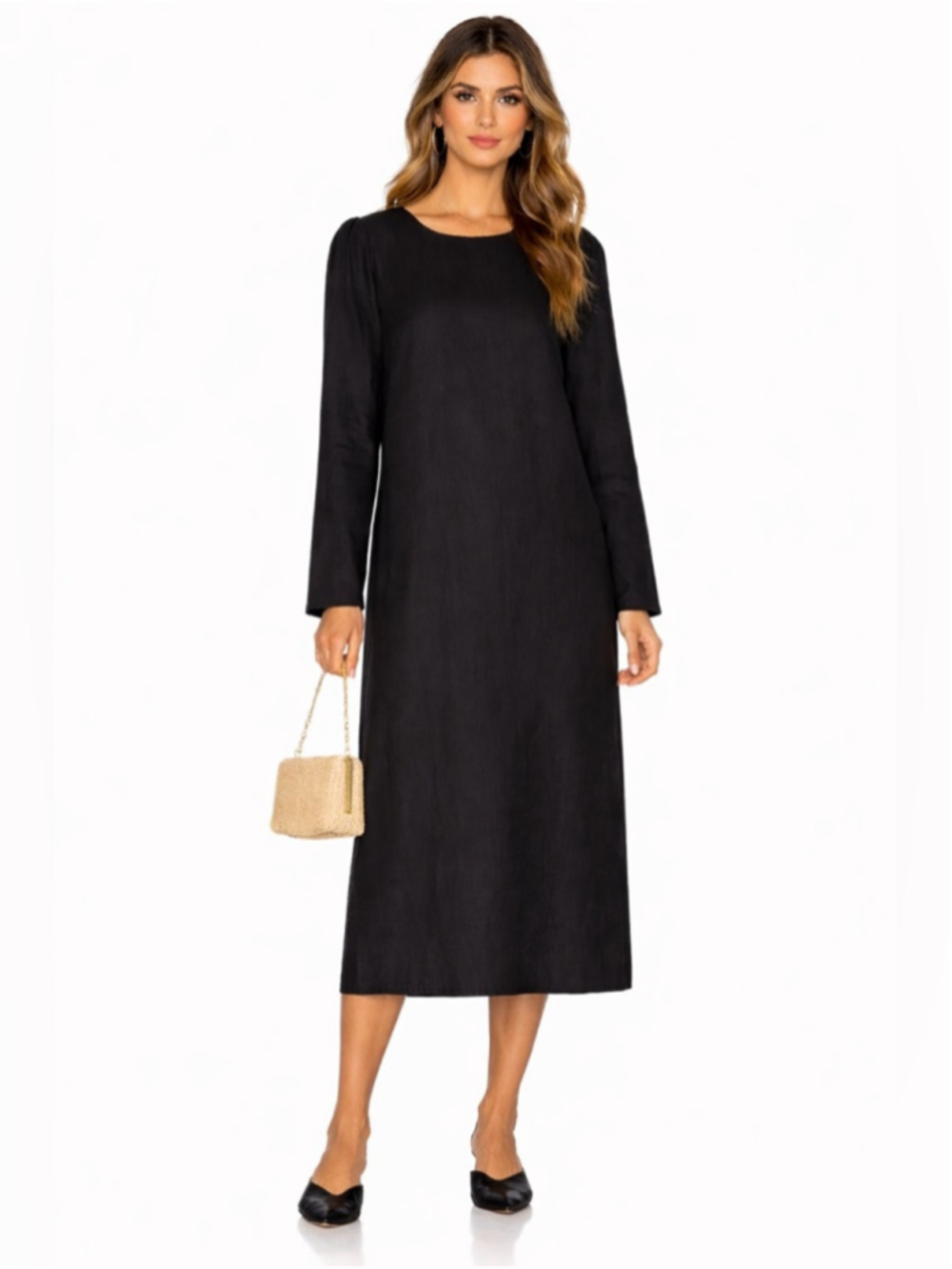 Omid Black Midi Dress LENZING Fabric Minimalist Long Sleeve Shift Medium